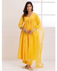 Yellow Sequins Work Mulmul Suit- Set of 3