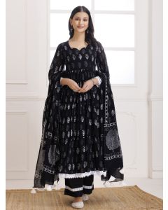 Black Hand Block Printed Cotton Suit- Set of 3