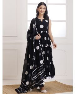Black Polka Dot Hand Block Printed Cotton Suit- Set of 3