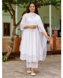 White Lace Cotton Dobby Suit- Set of 3