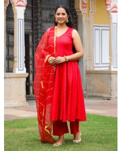 Red Cotton Lurex Suit- Set of 3