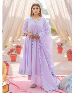 Lilac Embroidered Mulmul Suit- Set of 3