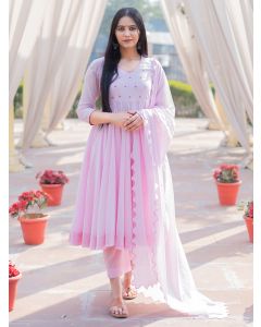 Pink Embroidered Mulmul Suit- Set of 3