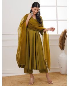 Olive Green Embroidered Cotton Suit- Set of 3
