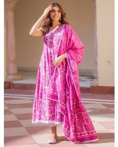 Pink Dabu Hand Block Printed Cotton Mulmul Suit- Set of 3
