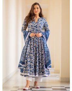 Indigo Dabu Hand Block Printed Cotton Mulmul Suit- Set of 3