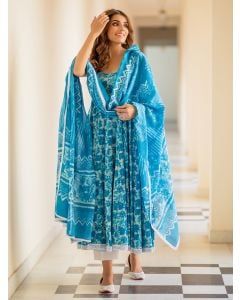 Turquiose Dabu Hand Block Printed Cotton Mulmul Suit- Set of 3