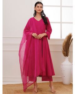 Pink Embroidered Cotton Suit- Set of 3
