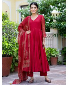 Maroon Hand Block Printed Mulmul Suit- Set of 3