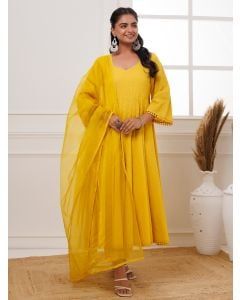Yellow Embroidered Cotton Suit- Set of 3