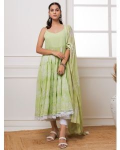 Green Hand Block Printed Mulmul Suit- Set of 3