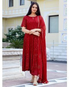 Maroon Embroidered Cotton Suit- Set of 3