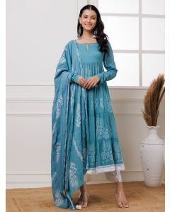 Turquoise Hand Block Printed Mulmul Suit- Set of 3
