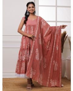 Coral Hand Block Printed Mulmul Suit- Set of 3
