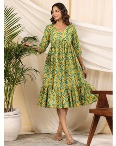 Green Hand Block Printed Cotton Dress