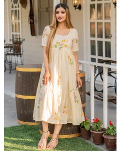 Beige Hand Block Printed Mulmul Dress