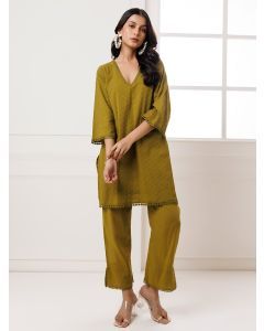 Olive Green Embroidered Cotton Kurta with Pants- Set of 2
