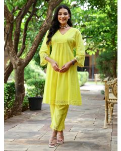 Yellow Cotton Dobby Kurta with Pants- Set of 2