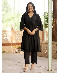 Black Cotton Dobby Kurta with Pants- Set of 2
