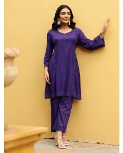 Violet Cotton Dobby Kurta with Pants- Set of 2