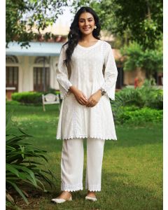 White Cotton Dobby Kurta with Pants- Set of 2