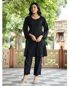 Black Cotton Dobby Kurta with Pants- Set of 2