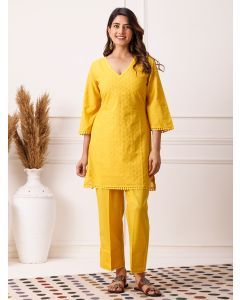 Mustard Yellow Embroidered Cotton Kurta with Pants- Set of 2
