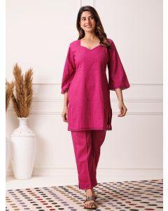 Magenta Embroidered Cotton Kurta with Pants- Set of 2