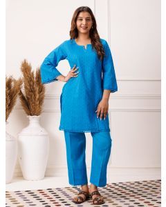 Blue Embroidered Cotton Kurta with Pants- Set of 2