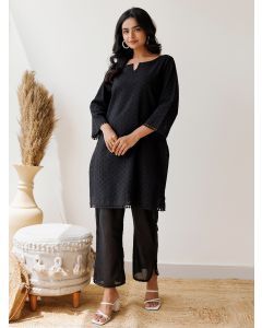 Black Embroidered Cotton Kurta with Pants- Set of 2