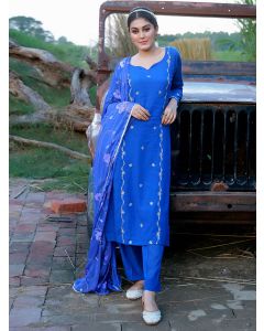 Royal Blue Hand Embroidered Modal Suit- Set of 3