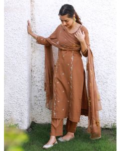 Brown Hand Embroidered Silk Suit- Set of 3
