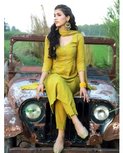 Olive Green Hand Embroidered Silk Suit- Set of 3