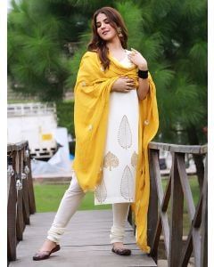 White Hand Block Printed Mulmul Suit- Set of 3