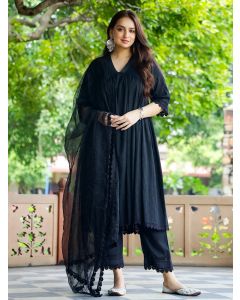 Black Lace Cotton Dobby Suit- Set of 3