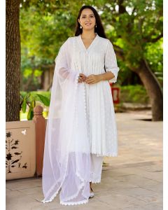 White Lace Cotton Dobby Suit- Set of 3