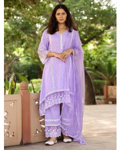 Lilac Lace Work Cotton Dobby Suit- Set of 3