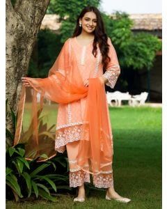 Peach Lace Work Cotton Dobby Suit- Set of 3
