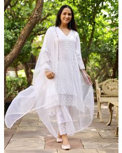 White Lace Work Cotton Dobby Suit- Set of 3
