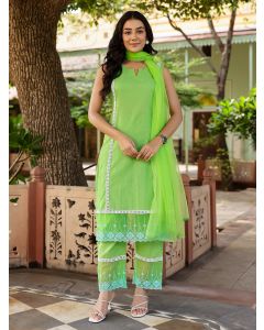 Green Lace Work Cotton Dobby Suit- Set of 3