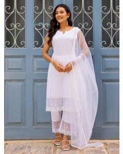White Lace Work Cotton Dobby Suit- Set of 3