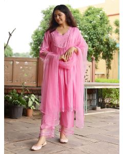Pink Sequins Work Cotton Dobby Suit- Set of 3