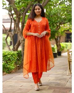 Orange Lace Work Cotton Dobby Suit- Set of 3