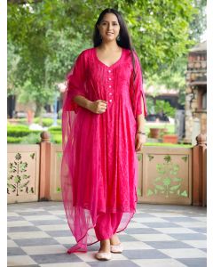 Magenta Lace Work Cotton Dobby Suit- Set of 3