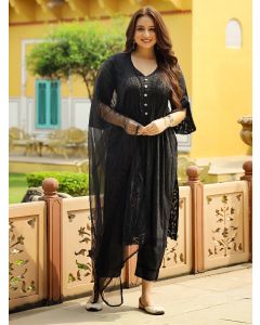 Black Lace Work Cotton Dobby Suit- Set of 3
