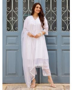 White Lace Work Cotton Dobby Suit- Set of 3