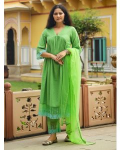 Green Lace Work Cotton Dobby Suit- Set of 3