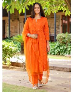 Orange Lace Work Cotton Dobby Suit- Set of 3