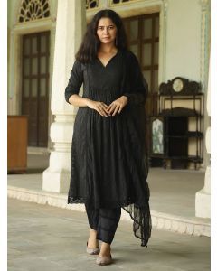 Black Lace Work Cotton Dobby Suit- Set of 3