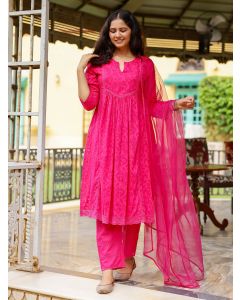 Magenta Lace Work Cotton Dobby Suit- Set of 3